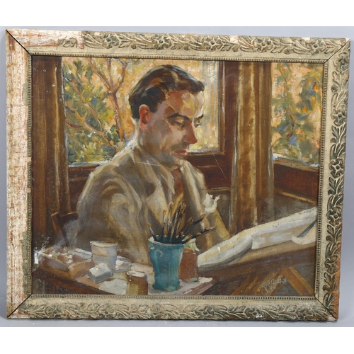 753 - WITHDRAWN - Mid-20th century portrait of an artist, oil on canvas laid on board, signed with monogra... 