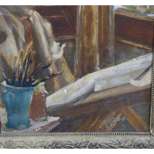 753 - WITHDRAWN - Mid-20th century portrait of an artist, oil on canvas laid on board, signed with monogra... 