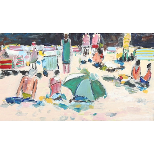 754 - Contemporary beach scene, acrylic on board, unsigned, 26cm x 43cm, framed