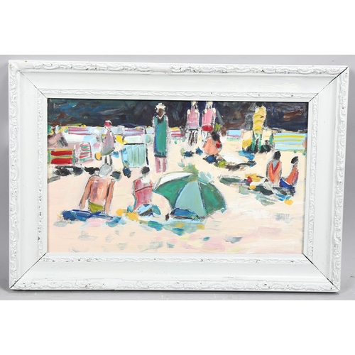 754 - Contemporary beach scene, acrylic on board, unsigned, 26cm x 43cm, framed