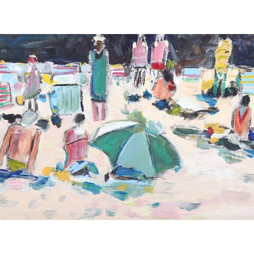 754 - Contemporary beach scene, acrylic on board, unsigned, 26cm x 43cm, framed