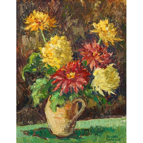 758 - Robert Rendle Wood, still life dahlias, oil on board, signed, 50cm x 40cm, framed