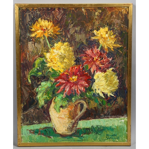 758 - Robert Rendle Wood, still life dahlias, oil on board, signed, 50cm x 40cm, framed