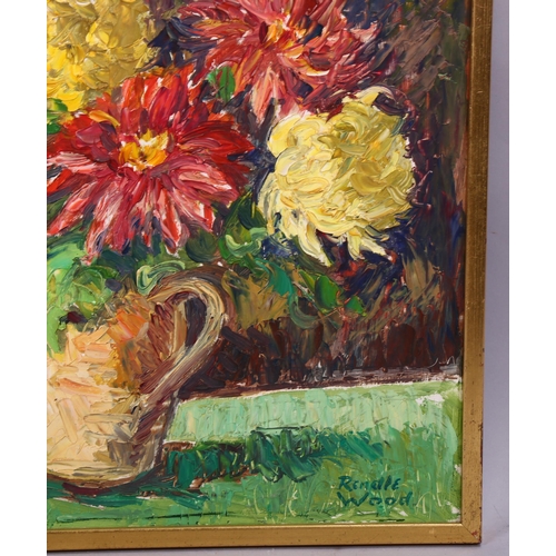 758 - Robert Rendle Wood, still life dahlias, oil on board, signed, 50cm x 40cm, framed