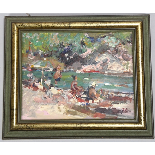 763 - 20th century impressionist beach scene, oil on board, signed with monogram JM, 19cm x 24cm, framed