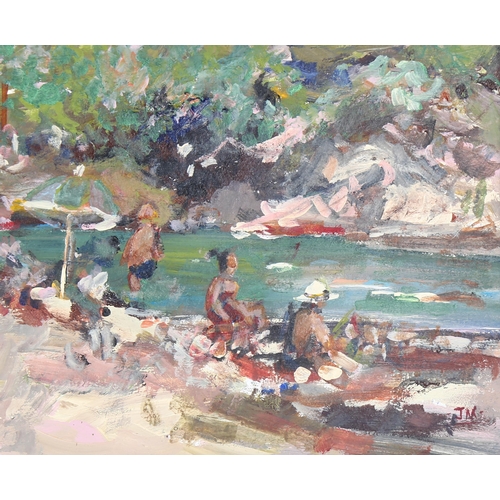 763 - 20th century impressionist beach scene, oil on board, signed with monogram JM, 19cm x 24cm, framed