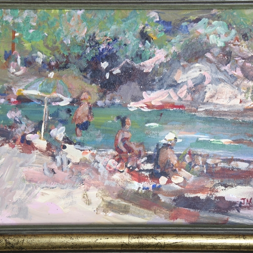 763 - 20th century impressionist beach scene, oil on board, signed with monogram JM, 19cm x 24cm, framed