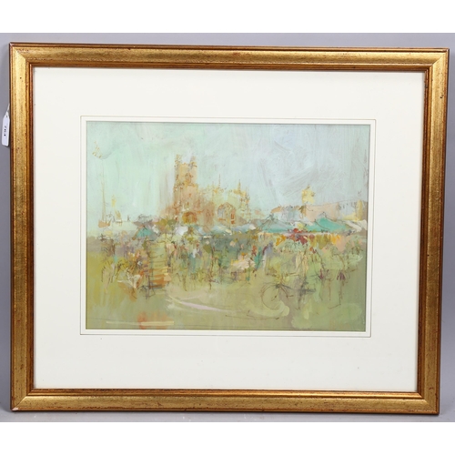 764 - Mixed media, watercolour/crayon, street market scene, unsigned, 30cm x 40cm, framed