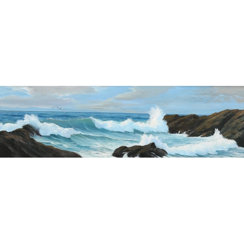 765 - John Hewitt (1922 - 2006), Cornish seascape, oil on board, signed, 30cm x 90cm, framed