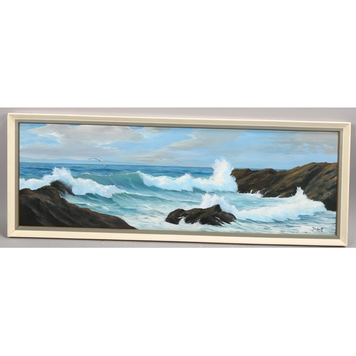 765 - John Hewitt (1922 - 2006), Cornish seascape, oil on board, signed, 30cm x 90cm, framed