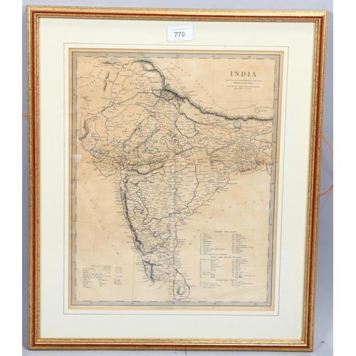 770 - 19th century hand coloured map of India, published 1846, 38cm x 31cm, framed