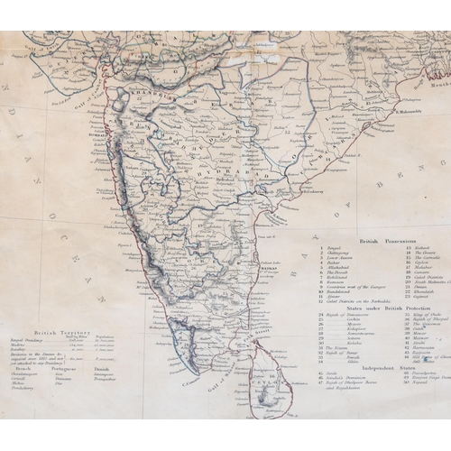 770 - 19th century hand coloured map of India, published 1846, 38cm x 31cm, framed