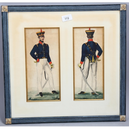 772 - 19th century British School, 2 studies of military uniform, watercolour, unsigned, in common frame, ... 