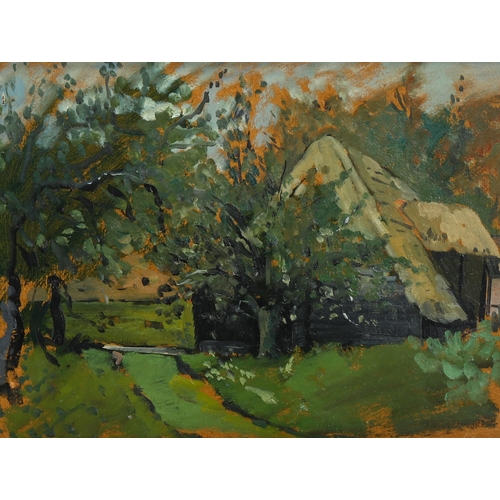 773 - John Sergeant (1937 - 2010), farm buildings, oil on board, 22cm x 29cm, framed