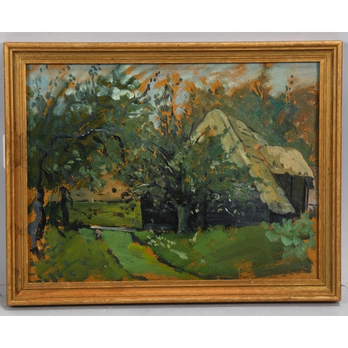 773 - John Sergeant (1937 - 2010), farm buildings, oil on board, 22cm x 29cm, framed