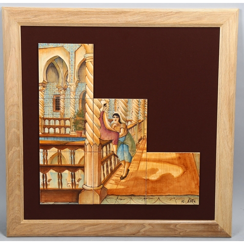 779 - 20th century North African School, painted tile panel, signed Al Kafi, framed, overall frame dimensi... 