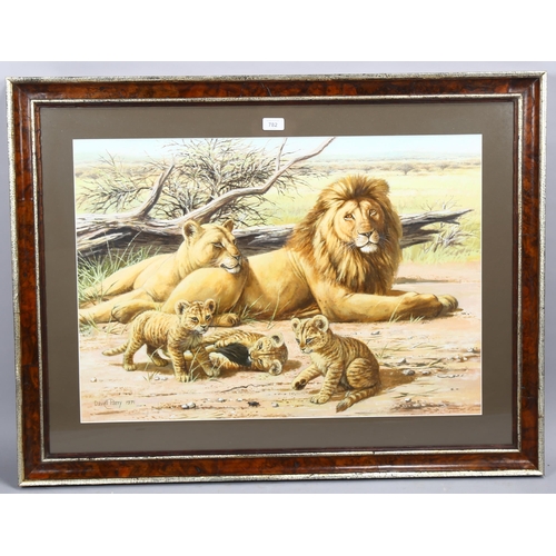 782 - David Parry (born 1942), study of lions and cubs, watercolour, 1971, 52cm x 74cm, framed