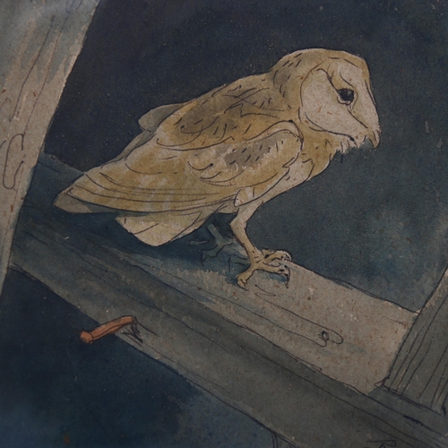 806 - Watercolour and ink, barn owl in rafters, indistinctly signed, 18cm x 28cm, framed