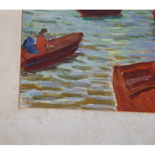 808 - Mid-20th century watercolour, study of a boating lake, indistinctly signed, 29cm x 22cm, framed