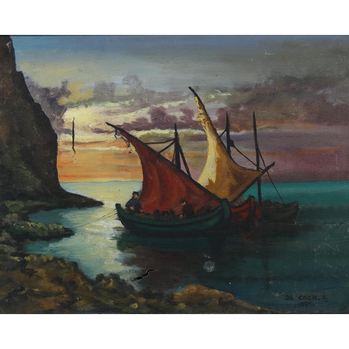 811 - A De Cock, Continental fishing boats, oil on canvas, signed and dated 1955, 26cm x 34cm, framed