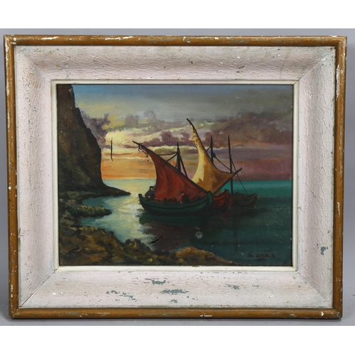 811 - A De Cock, Continental fishing boats, oil on canvas, signed and dated 1955, 26cm x 34cm, framed