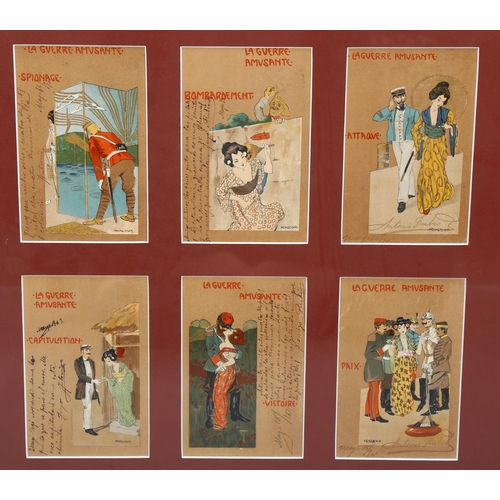 814 - A framed group of 6 printed postcards, circa 1900, with handwritten inscriptions, images signed M Ra... 