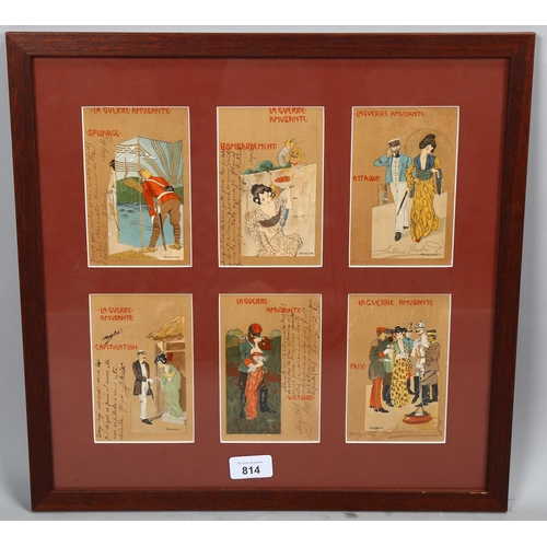 814 - A framed group of 6 printed postcards, circa 1900, with handwritten inscriptions, images signed M Ra... 