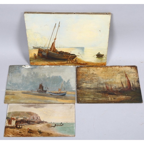 817 - 4 x 19th century oils on canvas and board, Hastings beach scenes, all unsigned, largest 28cm x 38cm,... 