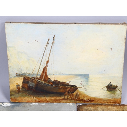 817 - 4 x 19th century oils on canvas and board, Hastings beach scenes, all unsigned, largest 28cm x 38cm,... 