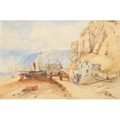 818 - 19th century English School, Hastings fishing beach scene, watercolour, unsigned, 24cm x 36cm, frame... 