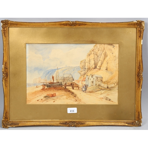 818 - 19th century English School, Hastings fishing beach scene, watercolour, unsigned, 24cm x 36cm, frame... 