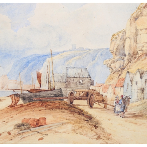 818 - 19th century English School, Hastings fishing beach scene, watercolour, unsigned, 24cm x 36cm, frame... 