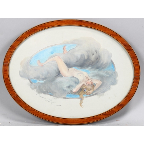 824 - Louis Morin, nude figure in the clouds, gouache on paper, 22cm x 29cm, inlaid satinwood frame