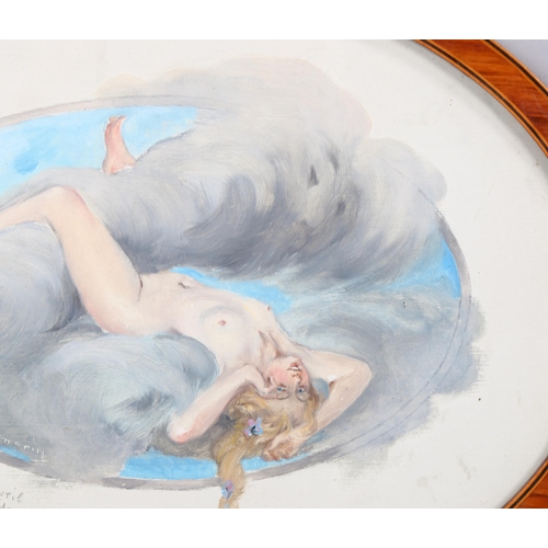 824 - Louis Morin, nude figure in the clouds, gouache on paper, 22cm x 29cm, inlaid satinwood frame