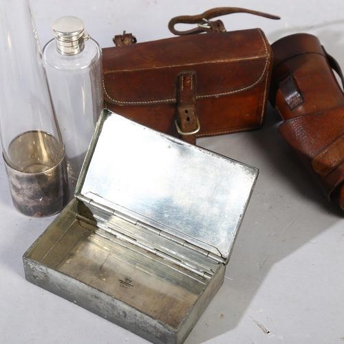 166 - A Vintage nickel plate cycling sandwich box, in original leather case with leather straps, cut-glass... 