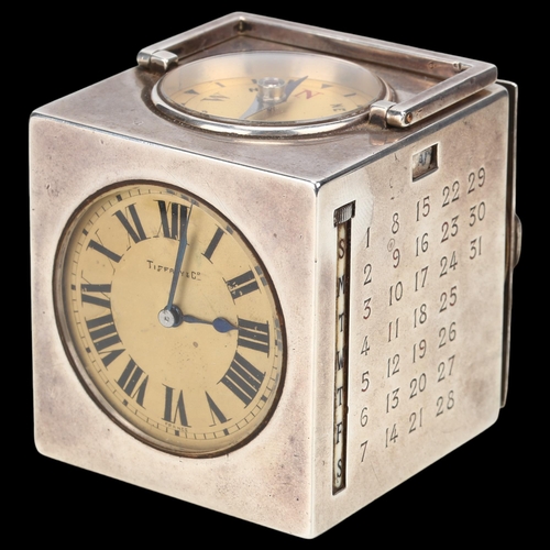 1432 - TIFFANY & CO - an Art Deco French silver combination desk clock compendium, circa 1920, cube form wi... 