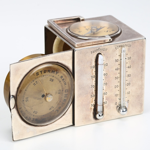 1432 - TIFFANY & CO - an Art Deco French silver combination desk clock compendium, circa 1920, cube form wi... 