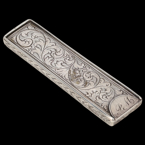 1433 - A 17th/18th century English silver domino box, with sliding lid and allover engraved foliate decorat... 