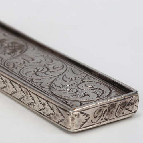 1433 - A 17th/18th century English silver domino box, with sliding lid and allover engraved foliate decorat... 