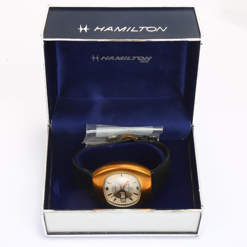 1016 - HAMILTON - a gold plated stainless steel Electronic quartz calendar wristwatch, silvered dial with a... 