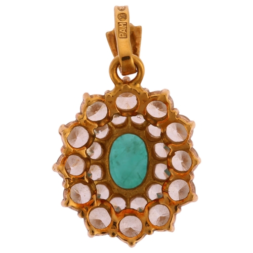 1107 - A modern 18ct gold emerald and diamond oval cluster drop pendant, maker's marks PAM, set with oval m... 