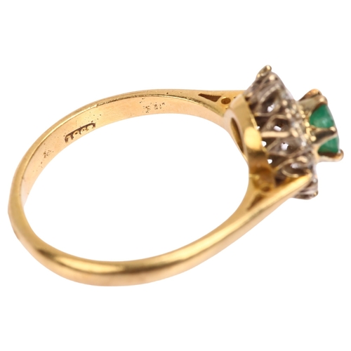 1108 - A late 20th century 18ct gold emerald and diamond flowerhead cluster ring, set with round-cut emeral... 