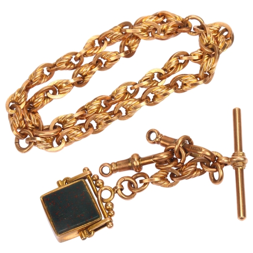 1114 - An early 20th century 9ct rose gold rope link Albert chain, with 9ct T-bar, 2 x 9ct dog clips, and 9... 