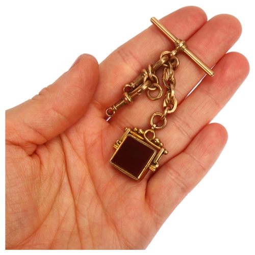 1114 - An early 20th century 9ct rose gold rope link Albert chain, with 9ct T-bar, 2 x 9ct dog clips, and 9... 