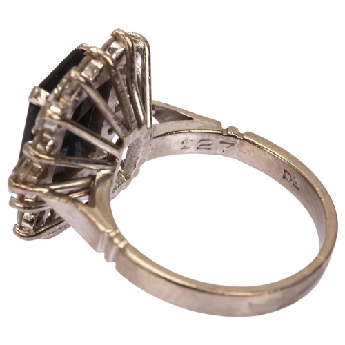 1116 - A late 20th century 18ct white gold sapphire and diamond cluster ring, maker's marks MJ, London 1979... 