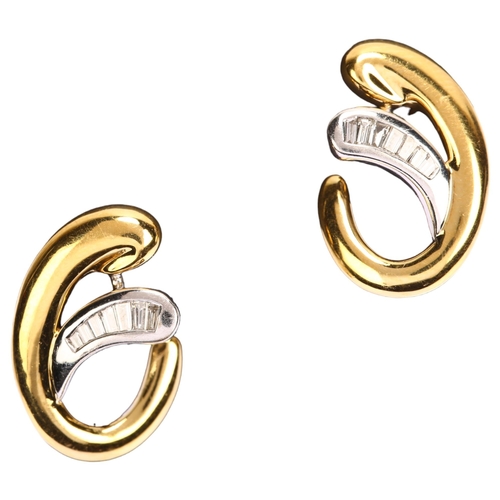 1121 - A pair of 18ct two-colour gold diamond earrings, maker's marks HJ, import Edinburgh 1996, swirl desi... 