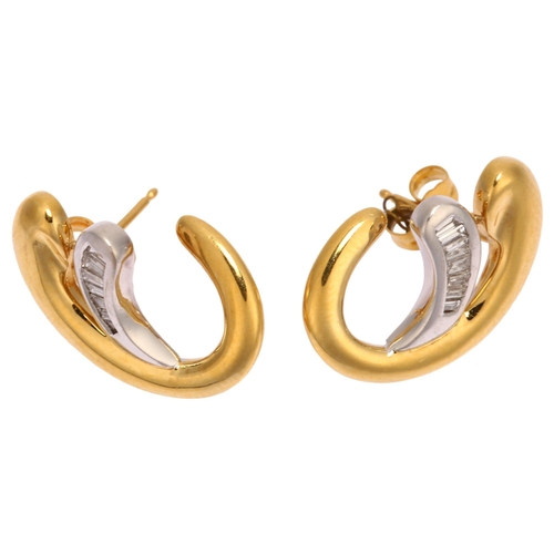 1121 - A pair of 18ct two-colour gold diamond earrings, maker's marks HJ, import Edinburgh 1996, swirl desi... 