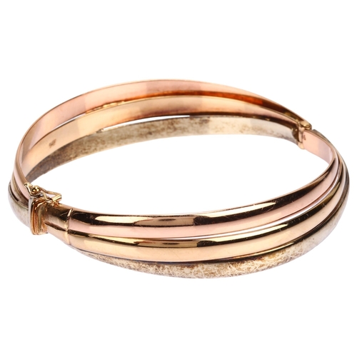 1123 - An Italian 9ct three-colour gold hinged bangle, setting height 14.9mm, internal circumference 20cm, ... 