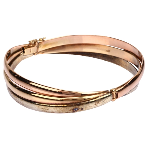 1123 - An Italian 9ct three-colour gold hinged bangle, setting height 14.9mm, internal circumference 20cm, ... 