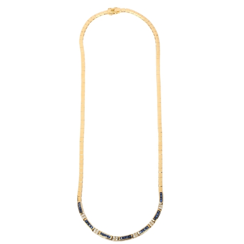 1125 - A 14ct gold sapphire and diamond collar necklace, square panels set with calibre-cut sapphires and m... 